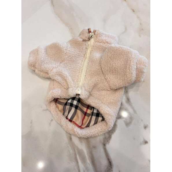 Брендовая меховая куртка для собак BURBERRY с шелковой подкладкой без капюшона, бежевая M -
                                                        Фото 2