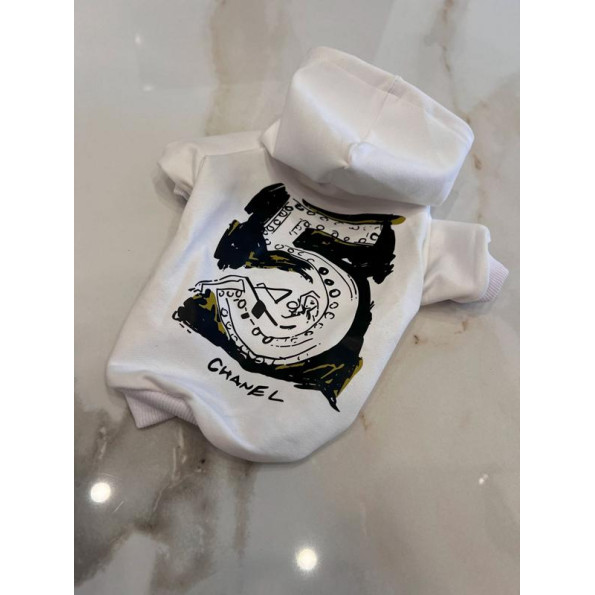 Толстовка для собак CHANEL з капюшоном, Малюнок №5, біла Толстовка для собак CHANEL з капюшоном, Малюнок №5, біла