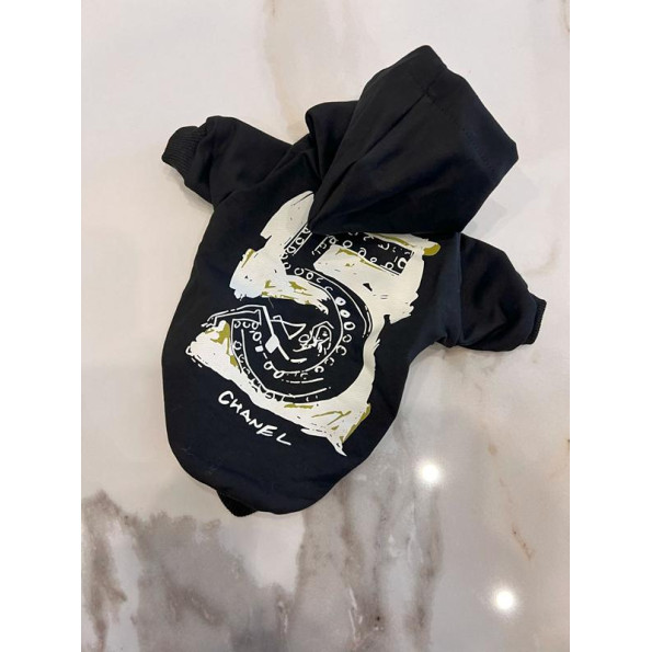 Толстовка для собак CHANEL з капюшоном, Малюнок №5, чорна Толстовка для собак CHANEL з капюшоном, Малюнок №5, чорна