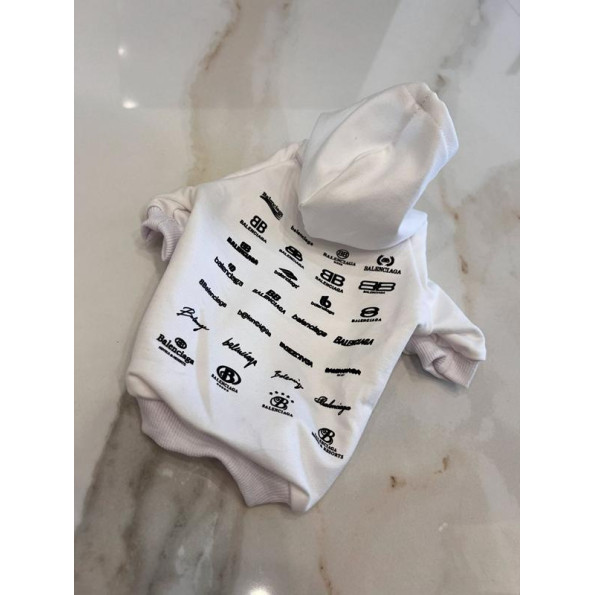 Брендовая Толстовка для собак BALENCIAGA с капюшоном, с рисунками логотипа на спинке, белая XS