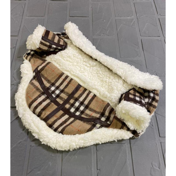 Дубленка для собак BURBERRY с плюшевыми вставками и кожанными ремешками, коричневая 2XL