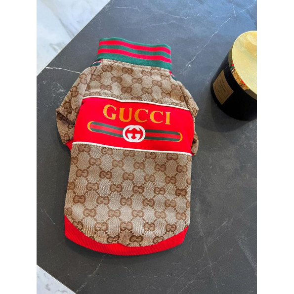 Джинсовая куртка для собак GUCCI с красной надписью на спинке, коричневая S