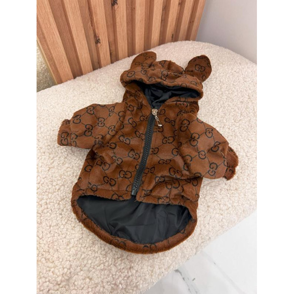 Шуба для собак GUCCI на змейке с ушками на капюшоне на шелковой подкладке коричневаяM