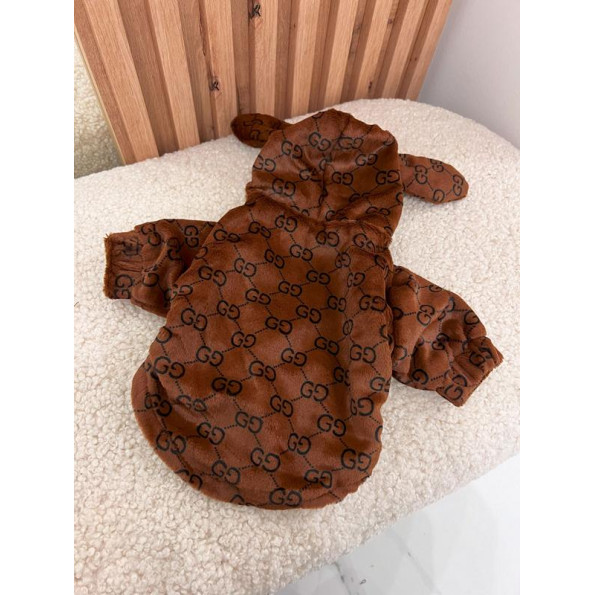 Шуба для собак GUCCI на змейке с ушками на капюшоне на шелковой подкладке коричневая L -
                                                        Фото 3