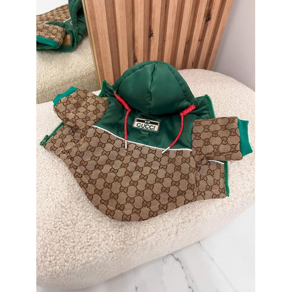 Брендова зимова куртка для собак GUCCI зі шнурками на каптурі, на змійці, з кільцем під нашийник, бежева
