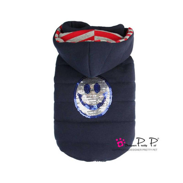 Зимовий жилет для собак Pretty Pet Happy Hooded з малюнком смайлу з їдками, з капюшоном, синій Зимовий жилет для собак Pretty Pet Happy Hooded з малюнком смайлу з їдками, з капюшоном, синій