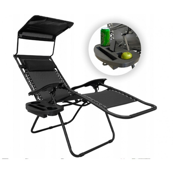 Шезлонг лежак 160 см черный с козырьком -
                                                        Фото 2