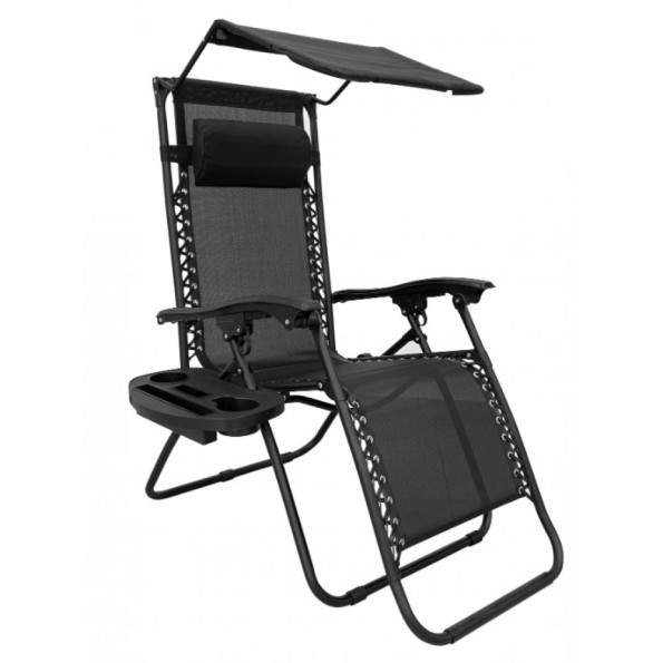 Шезлонг лежак 160 см черный с козырьком -
                                                        Фото 3