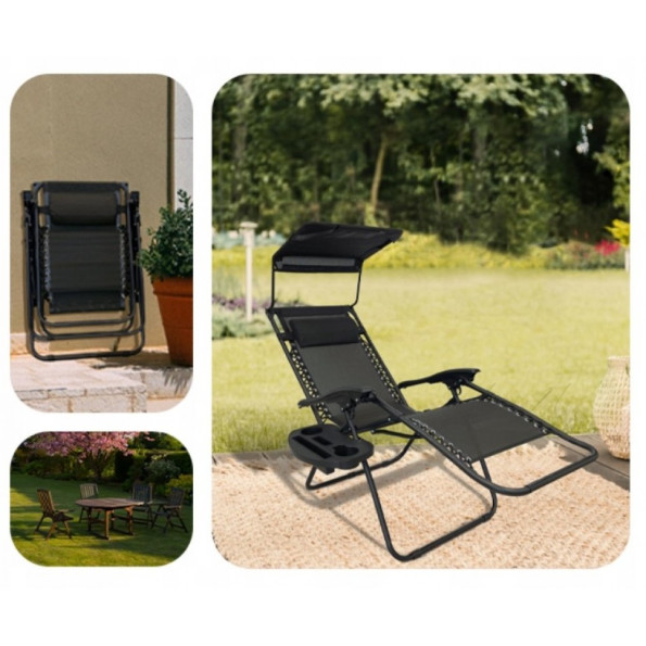 Шезлонг лежак 160 см черный с козырьком -
                                                        Фото 7