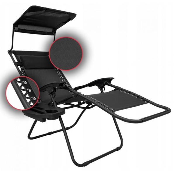 Шезлонг лежак 160 см черный с козырьком -
                                                        Фото 6