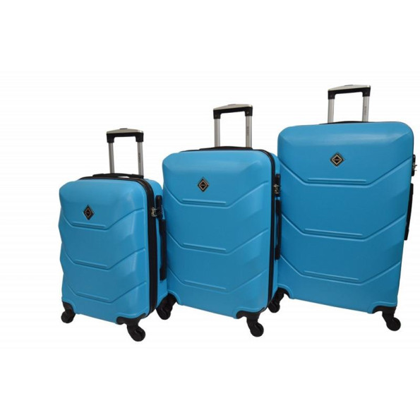 Набор пластиковых чемоданов 3 штуки голубой на колесах