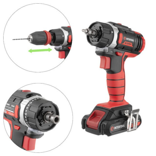 Дрель-шуруповерт аккумуляторная Li-Ion 18 В, 25 Nm, 0-400/0-1500 об/мин, 2x2.0 Ач, съемный патрон INTERTOOL WT-0317 -
                                                        Фото 2