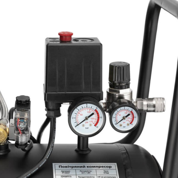 Компресор 50 л, 2x1.1 кВт, 220 В, 8aтм, 320 л/хвил, 1400 об/хв, малошумний, безмасляний, 4 циліндра -
                                                        Фото 8