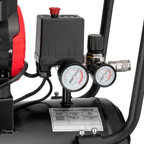 Компресор 24 л, 1.1 кВт, 220 В, 8aтм, 200 л/хвил, 2800 об/хв, безмасляний, 2 циліндра -
                                                        Фото 8