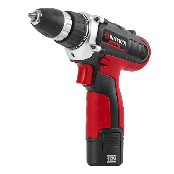 Дрель-шуруповерт аккумуляторная, Li-Ion 12 В, 18 Nm, 1.3 Ач, 2 скорости, 0-400/0-1500 об/мин, 2 аккумулятора, 1 час зарядка INTERTOOL WT-0321 -
                                                        Фото 2