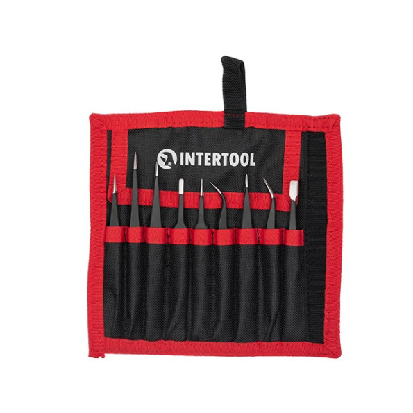 Набор пинцетов радиотехнических 9 шт, антистатические, в чехле INTERTOOL NT-6002 Набор пинцетов радиотехнических 9 шт, антистатические, в чехле INTERTOOL NT-6002