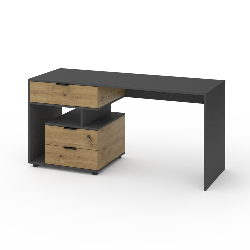 Стіл з 3 висувними ящиками зліва 160х60х76 см Антрацит-Дуб Артизан - Фото 1