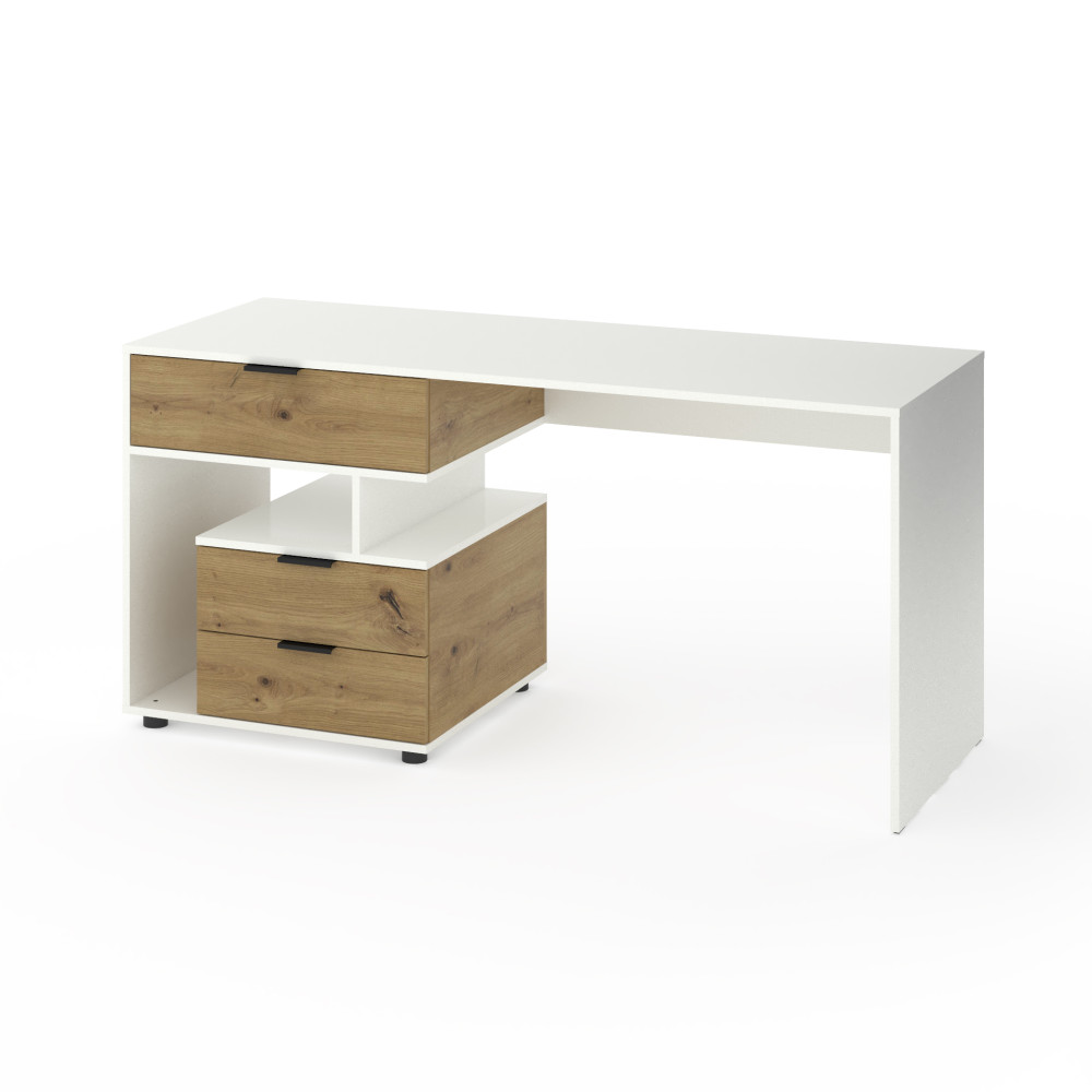 Стіл з 3 висувними ящиками зліва 160х60х76 см Білий-Дуб Артизан - Фото 1