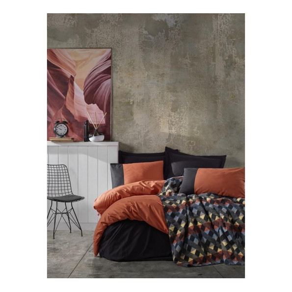 Комплект постільної білизни з пледом Cotton Box Plain Kiremit Siyah 200x220