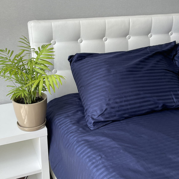 Комплект постільної білизни Stripe Sense Dark Blue сатин-страйп SoundSleep темно-синій євро