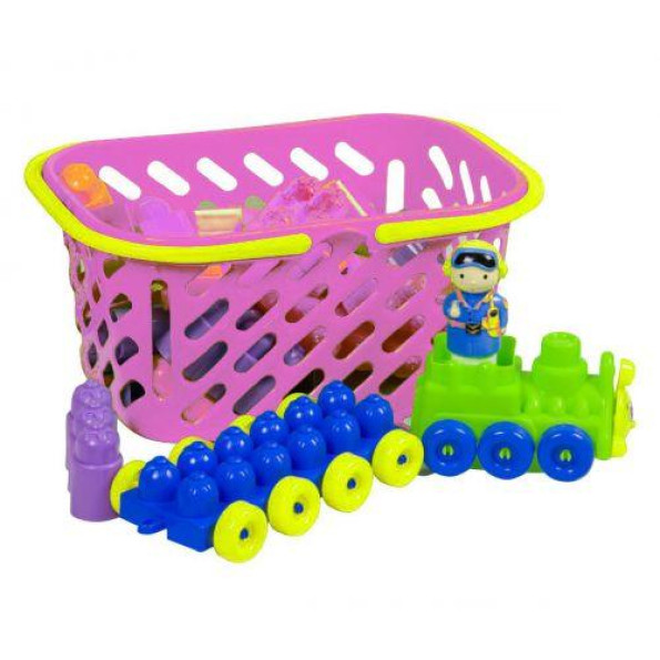 Конструктор с поездом, 43 дет в розовой корзинке