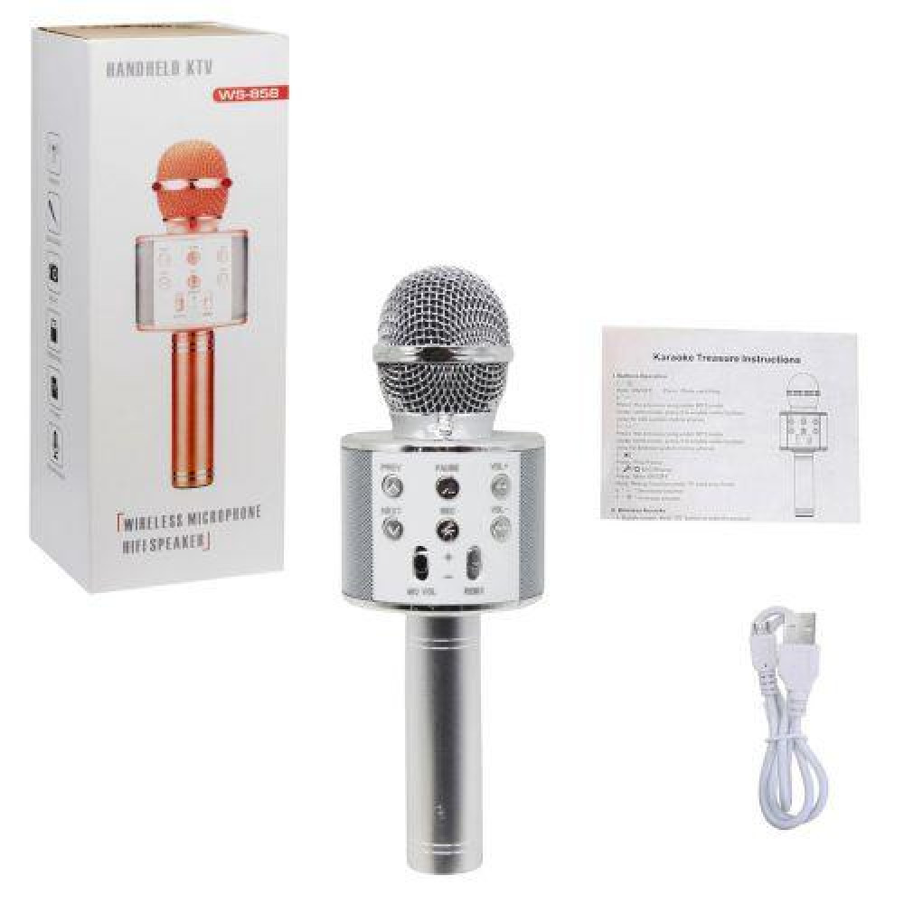 Безпроводной микрофон караоке, bluetooth, USB, колонка Срібний - Фото 1 Безпроводной микрофон караоке, bluetooth, USB, колонка Срібний - Фото 1