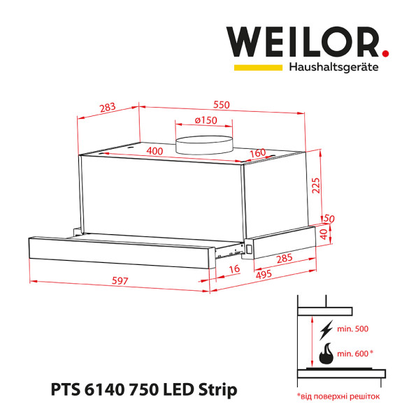 Вытяжка Weilor PTS 6140 WH 750 LED strip -
                                                        Фото 3