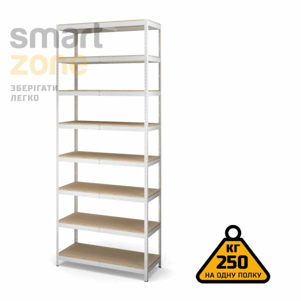 Стеллаж металлический 250х110х80 см БЕЛЫЙ 8 полок из ДСП ХАРДИ-ПРО-18148 для дома, магазина, склада -
                                                        Фото 2