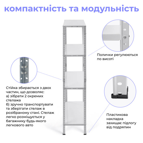 Стелаж металевий 150х75х30 см БІЛИЙ 4 полиці МІА-113 на кухню, у ванну, для квітів -
                                                        Фото 3
