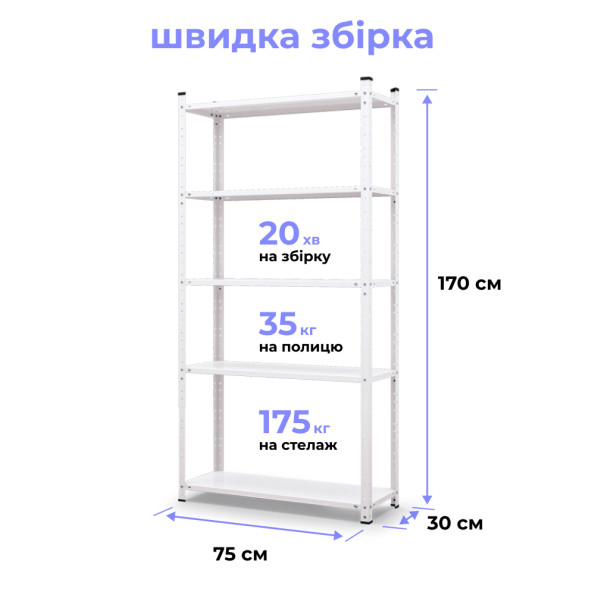 Стелаж металевий 170х75х30 см БІЛИЙ 5 полиць МІА-117 на кухню, у ванну, для квітів -
                                                        Фото 2