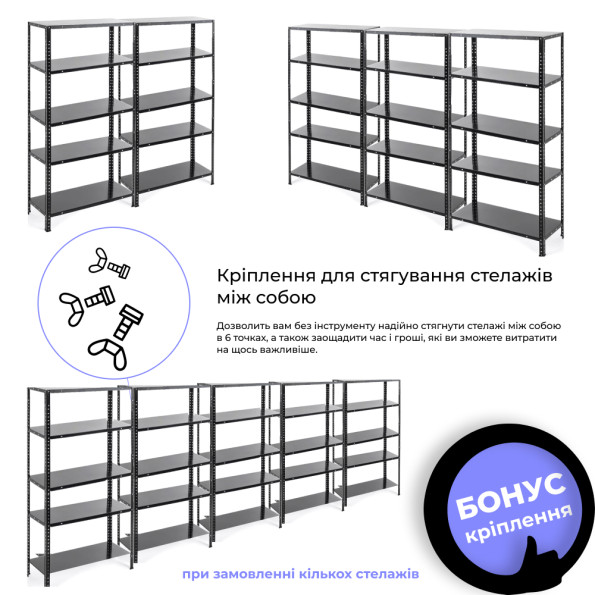 Стелаж металевий 170х75х30 см ЧОРНИЙ 5 полиць МІА-118 на кухню, у ванну, для квітів -
                                                        Фото 5